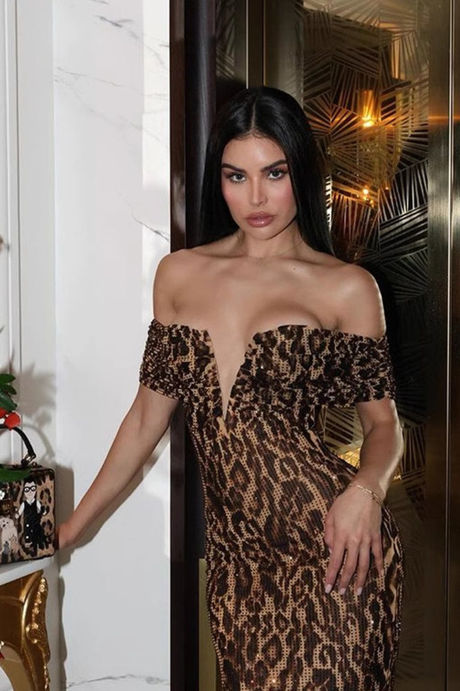 Leopard Print Off Shoulder Cut Out Bodycon Midi Dress - View 6
