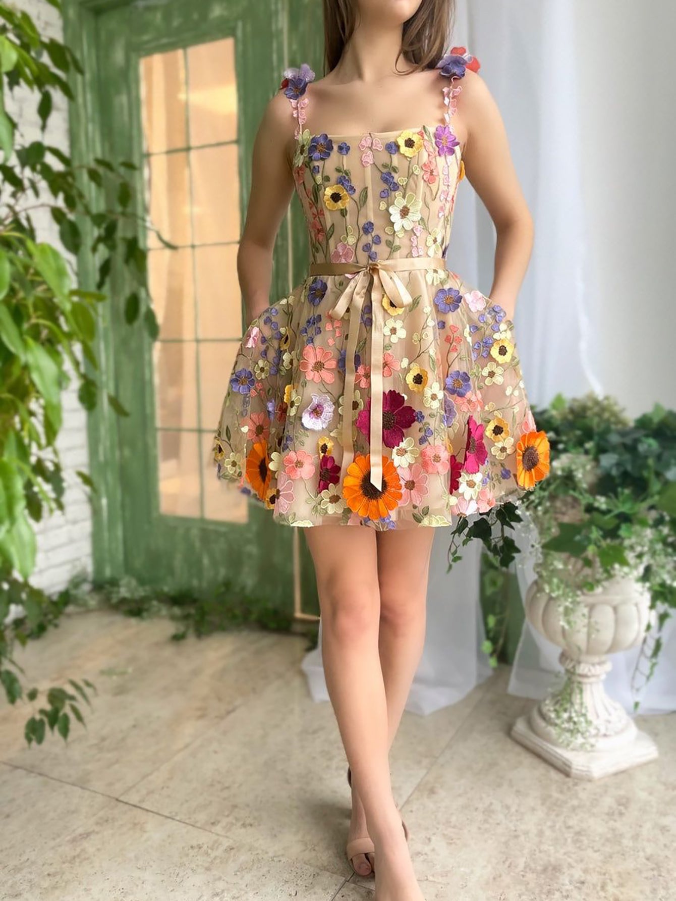 A Line Floral Beige Short Homecoming Dress With 3D Flowers - Fashionpara