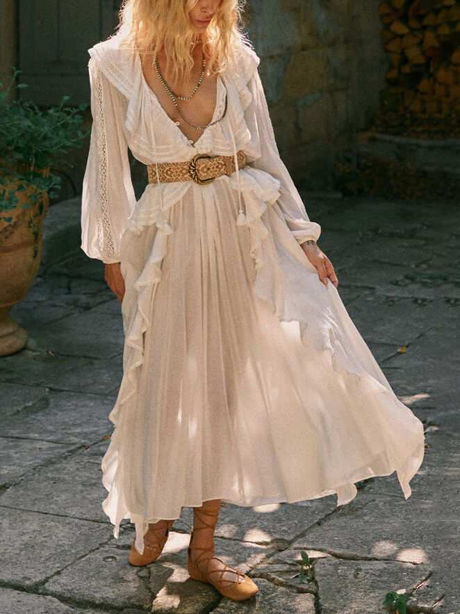 New Vintage Lace Lantern Sleeve Robe Dress - Fashionpara