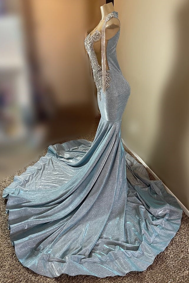 Designer Sliver Beaded Open Back Sequined Long Mermaid Floor length Prom Party Dresses - Fashionpara