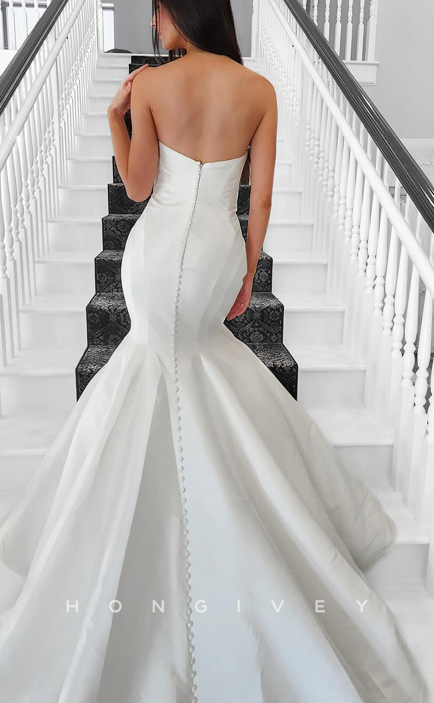 H1709 - Simple Satin Bateau Strapless Empire With Train Wedding Dress - Fashionpara