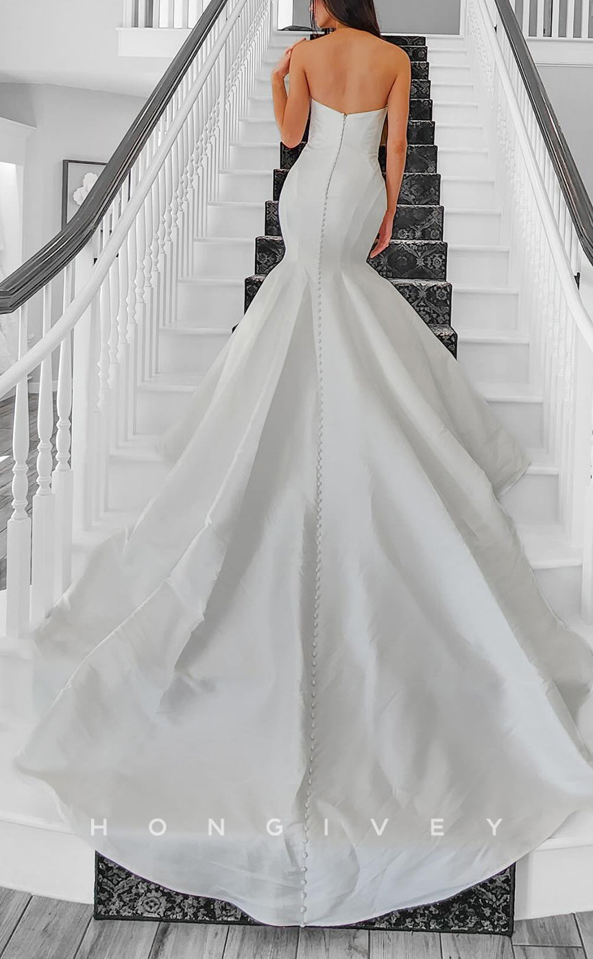 H1709 - Simple Satin Bateau Strapless Empire With Train Wedding Dress - Fashionpara