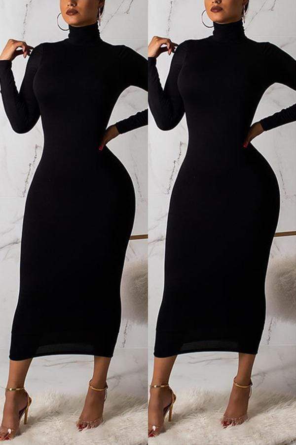 Fashion High Neck Long Sleeve Dress - Fashionpara