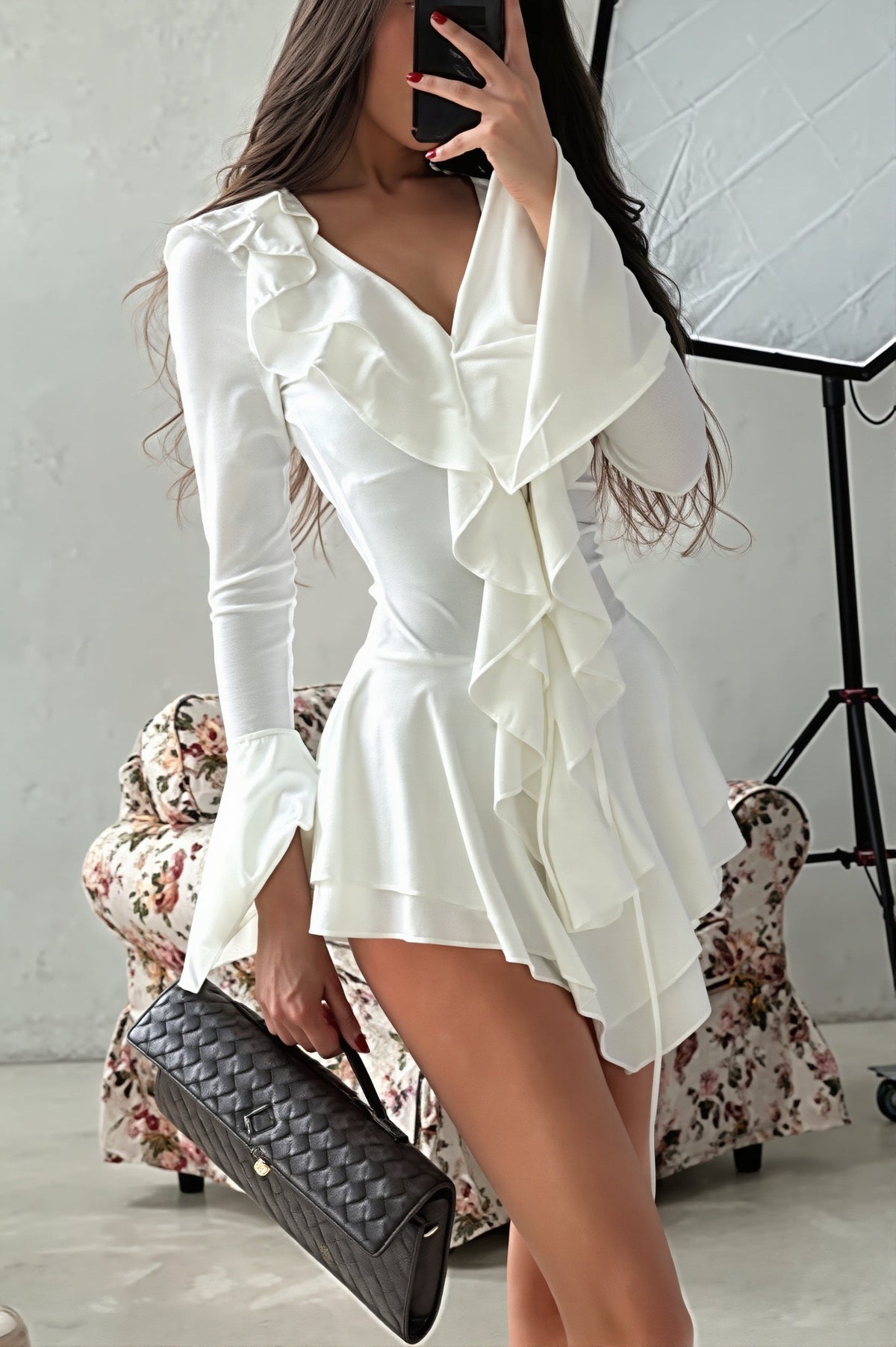 Ruffle Front Long Sleeve Shirt Mini Dress 2