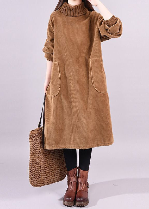 Corduroy Turtleneck Long Sleeve Patch Pocket Loose Shift Midi Dress