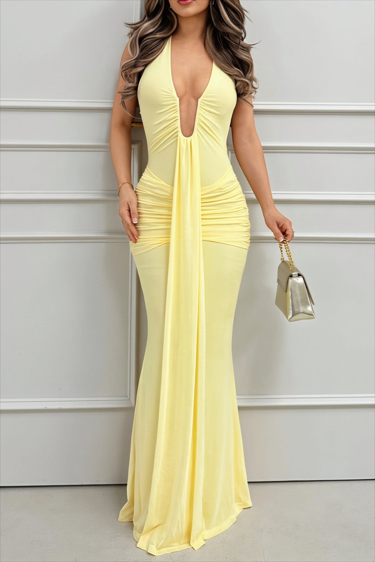 Deep V Halter Neck Draped Fishtail Maxi Gown