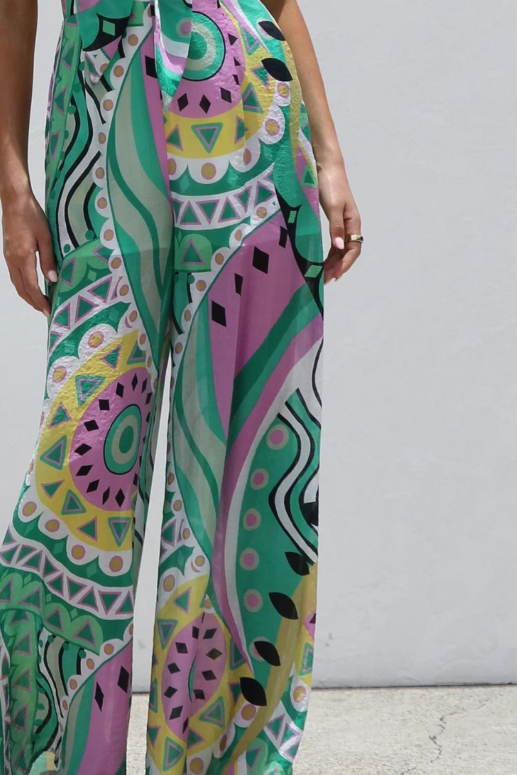 Unique Printed Suspender Back Pleated Pocket Wide-leg Jumpsuit - Fashionpara