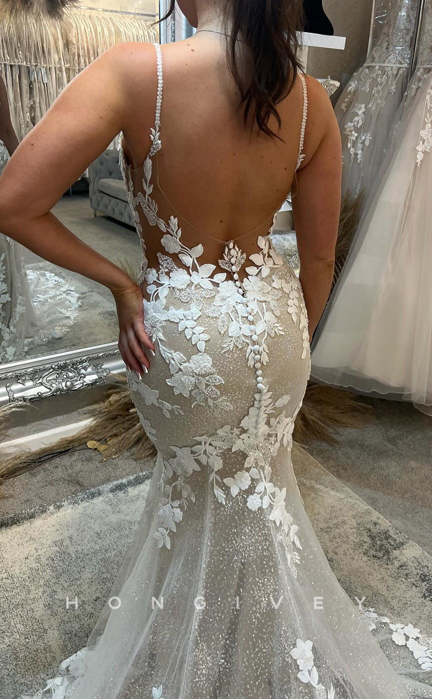 H1703 - V-Neck Spaghetti Straps Lace Applique Sheer Trumpet Wedding Dress - Fashionpara