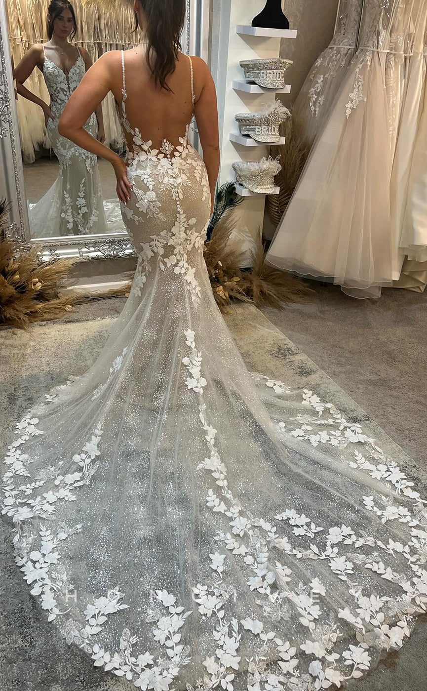 H1703 - V-Neck Spaghetti Straps Lace Applique Sheer Trumpet Wedding Dress - Fashionpara