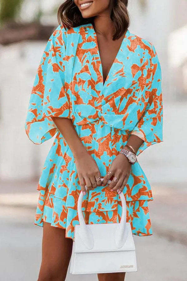 Heidi Plants Print Twist Design Batwing Sleeve Mini Dress - Fashionpara