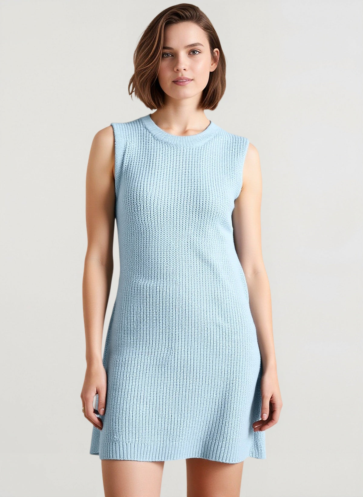 Ribbed Knit Crew Neck Sleeveless Sweater Mini Dress