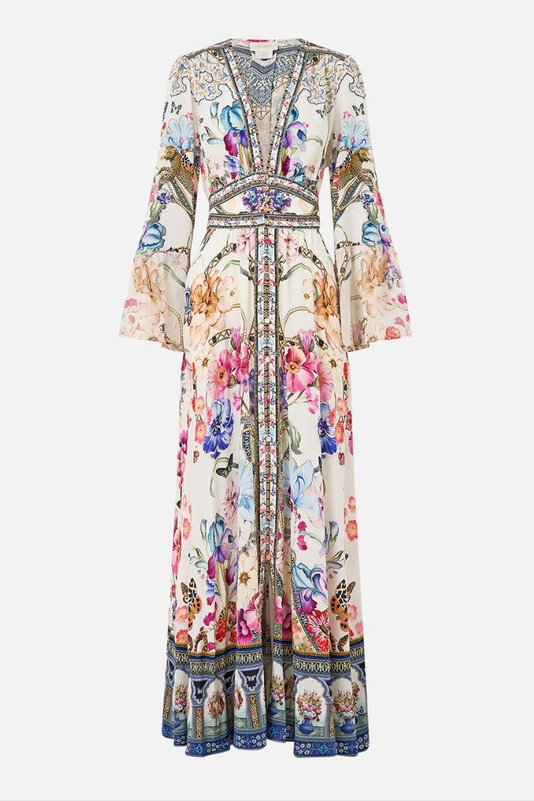Printed V-neck Long-sleeved Puff Sleeve Waist Maxi Dress - Fashionpara