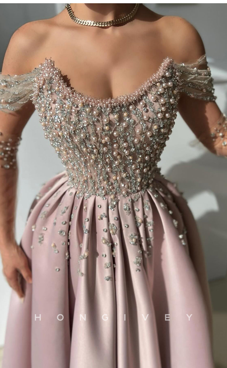 L2774 - A-Line Off-Shoulder Beaded With Side Slit Party Prom Evening Dress - Fashionpara