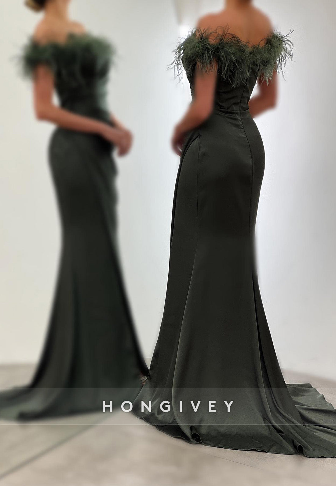 L2963 - Feathers Off-Shoulder Ruched With Side Slit Party Prom Evening Dress - Fashionpara
