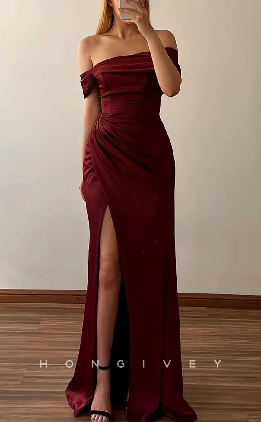 L2768 - Satin Fitted Off-Shoulder Ruched With Side Slit Party Prom Evening Dress - Fashionpara