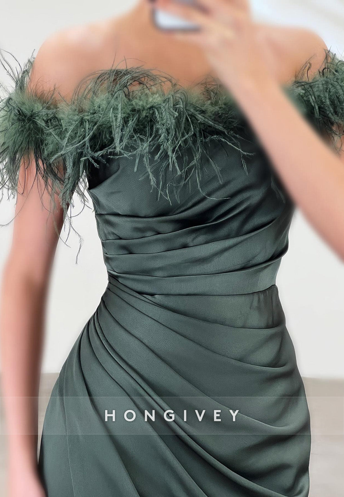 L2963 - Feathers Off-Shoulder Ruched With Side Slit Party Prom Evening Dress - Fashionpara