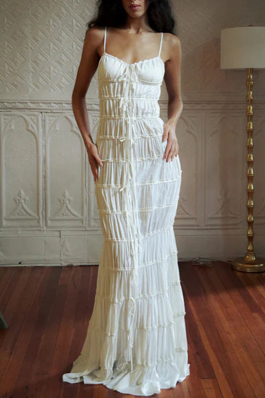 Shirred Spaghetti Strap Tie-Front Mermaid Maxi Dress