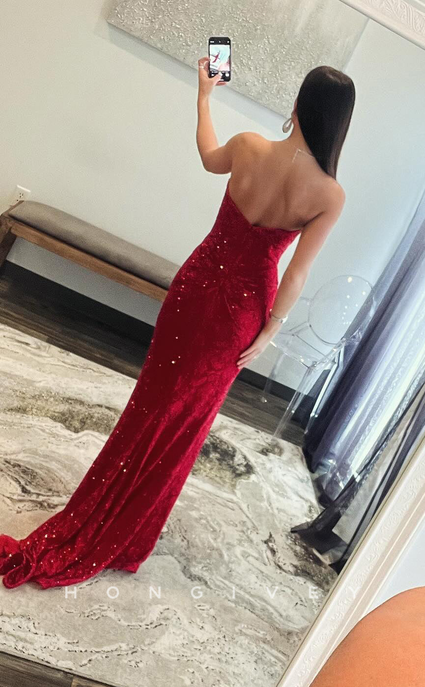 L2788 - Sweetheart Strapless Beaded Appliques With Side Slit Party Prom Evening Dress - Fashionpara