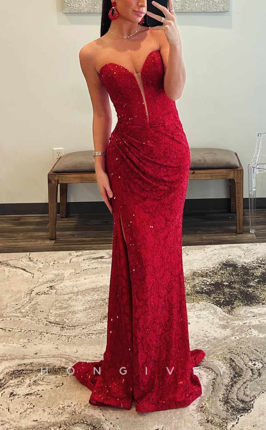 L2788 - Sweetheart Strapless Beaded Appliques With Side Slit Party Prom Evening Dress - Fashionpara