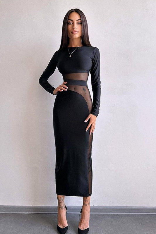 Mesh Cut Out Long Sleeve Bodycon Midi Dress