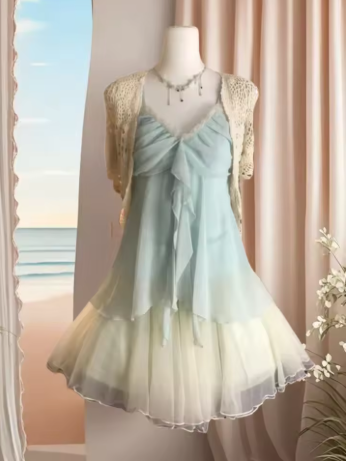 Classy Spaghetti Straps V Neck Blue Chiffon Short Homecoming Dress Birthday Dress D481