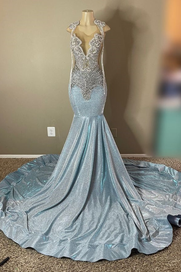 Designer Sliver Beaded Open Back Sequined Long Mermaid Floor length Prom Party Dresses - Fashionpara