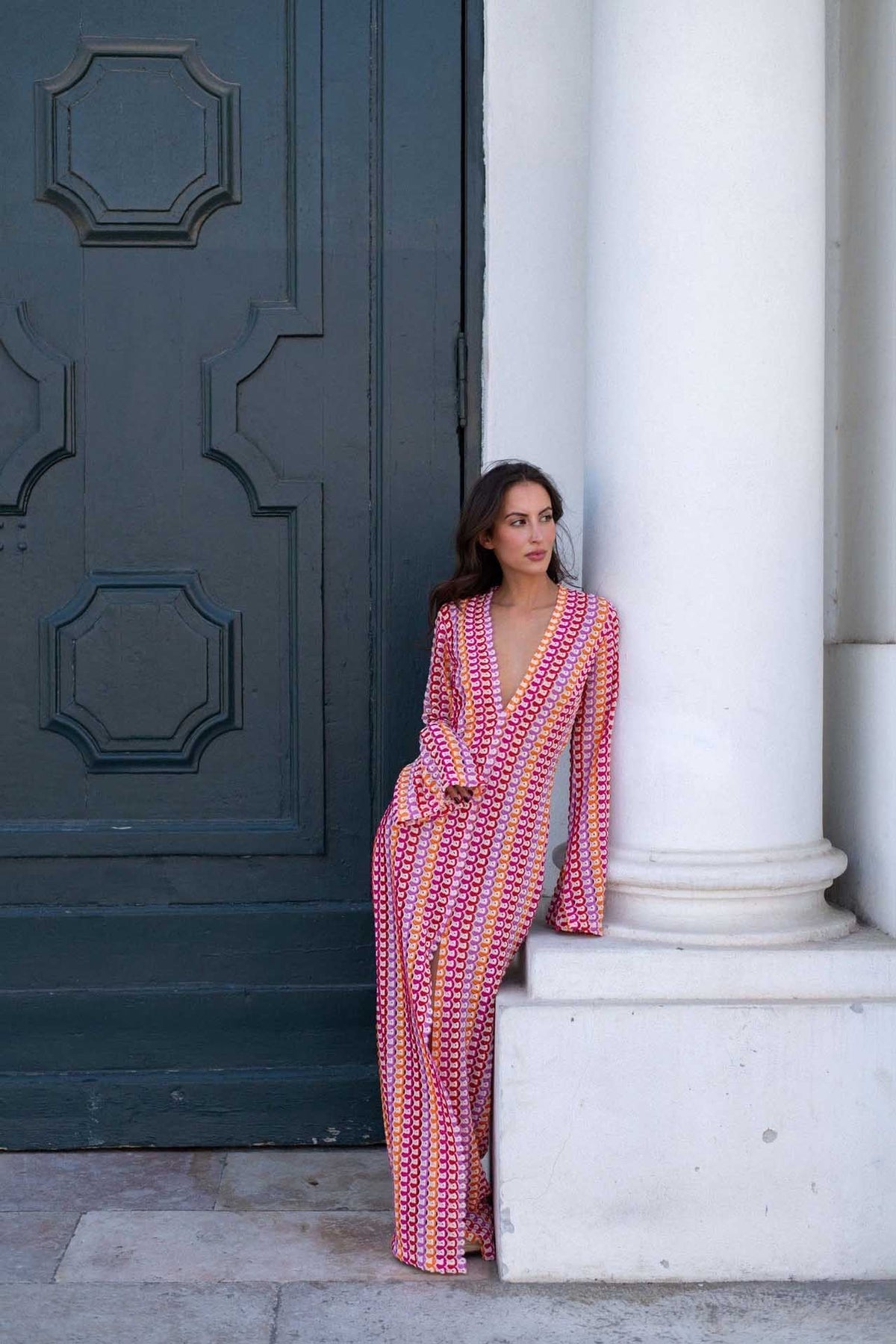 Crochet Deep V-Neck Long Sleeve Striped Boho Maxi Dress 27