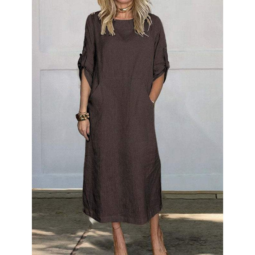 Round Neck Roll Tab Sleeve Pocket Side Slit Shift Maxi Dress - View 5