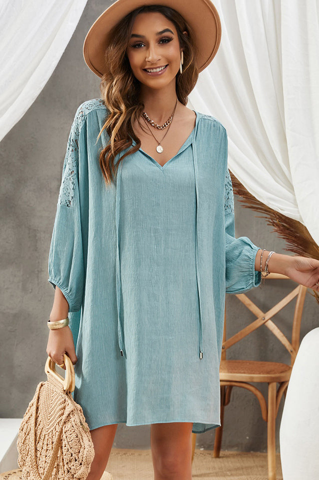 Spliced Lace Three-Quarter Sleeve Cover Up - Fashionpara