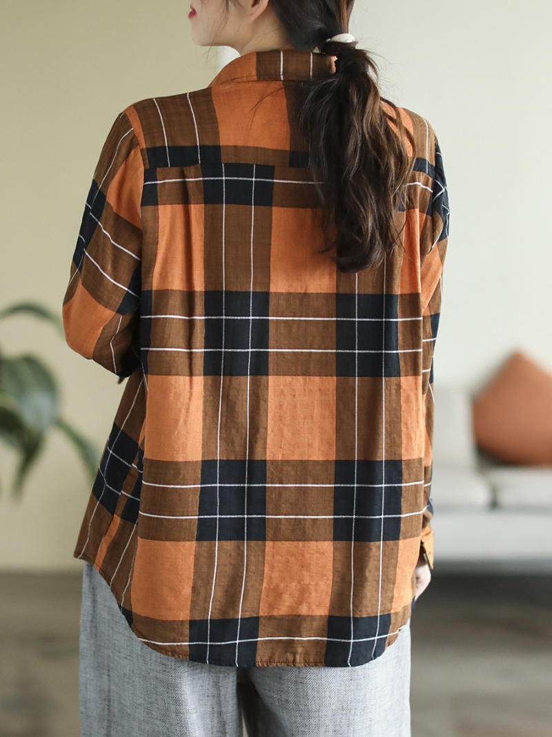 Long Sleeve Stylish Lapel Plaid Loose Causal Shirt Dress - Fashionpara