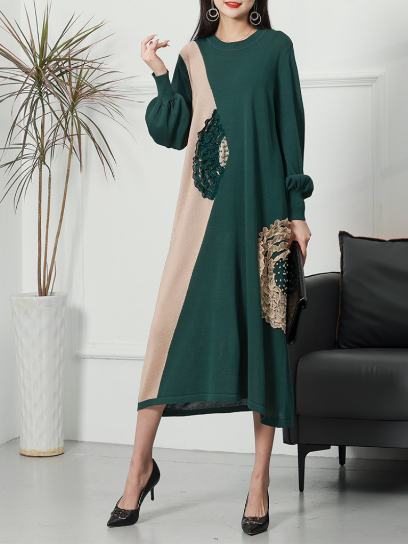 Two-Tone Knit Round Neck Balloon Sleeve Appliqué Midi Dress 7