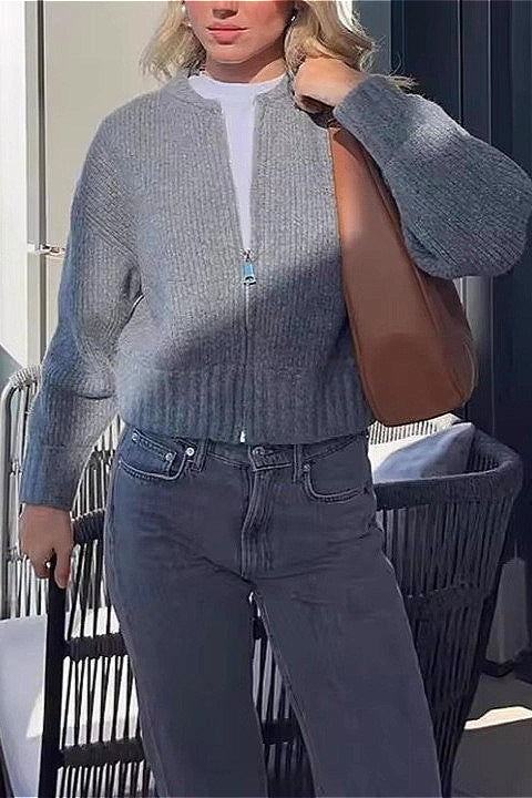Crew-Neck Long-Sleeve Zip Solid Knit Cardigan 3