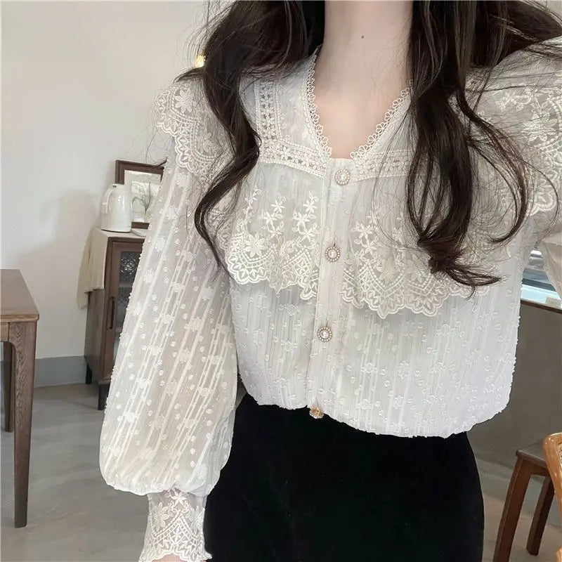 Lace Ruffle Edge Long Sleeve Blouse Sweet Blouse