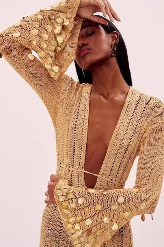 Sexy V Neck Belted Sequin Knit Long Boho Dress - Fashionpara