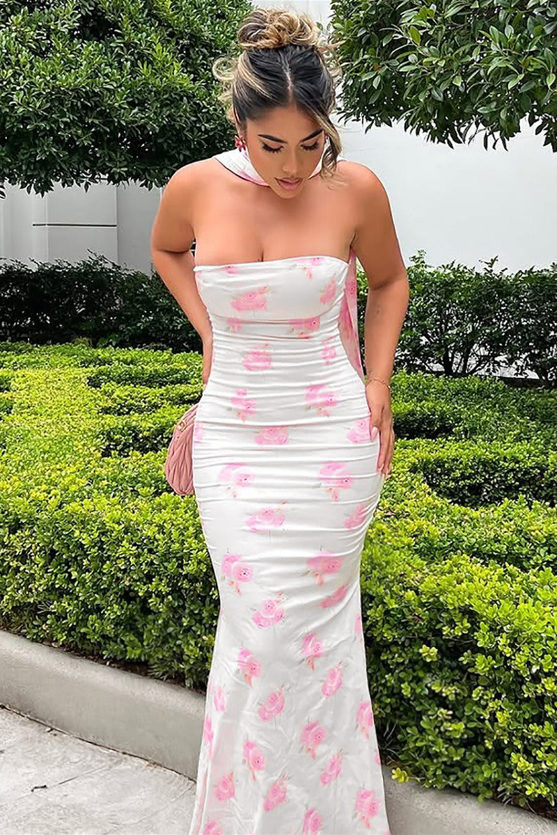 Floral Print Strapless Tie-Neck Mermaid Gown 4
