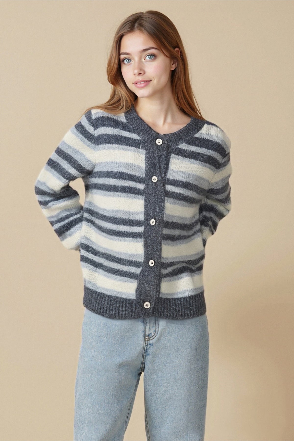 Retro Stripe Color Block Loose Slim Crew Neck Knit Cardigan 2