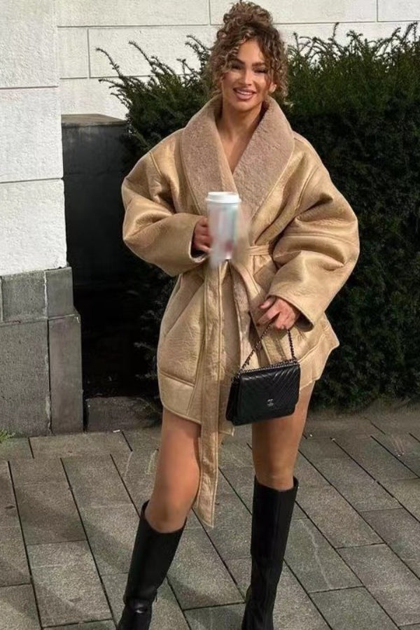 Faux Fur Collar Leather Coat - Fashionpara