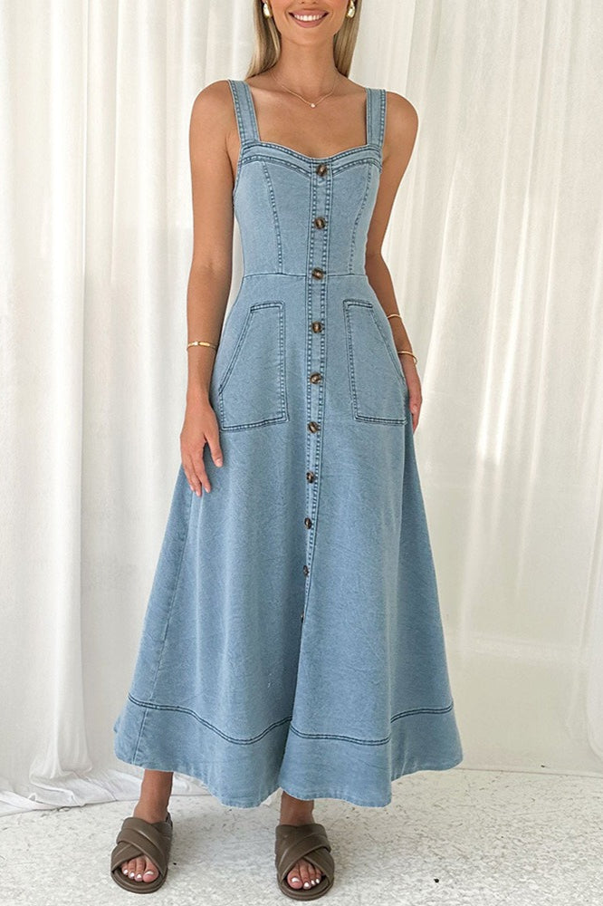 Denim Square-Neck Button-Front A-Line Maxi Dress