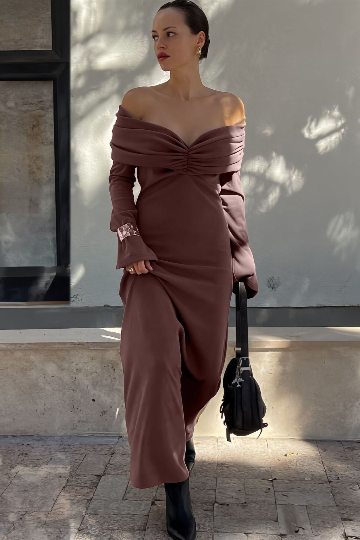 Off Shoulder Long Sleeve Pleated Bodycon Maxi Dress