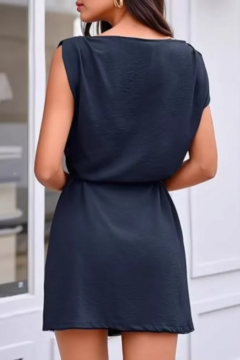 Boat Neck Cap Sleeve Belted Crepe Shift Mini Dress