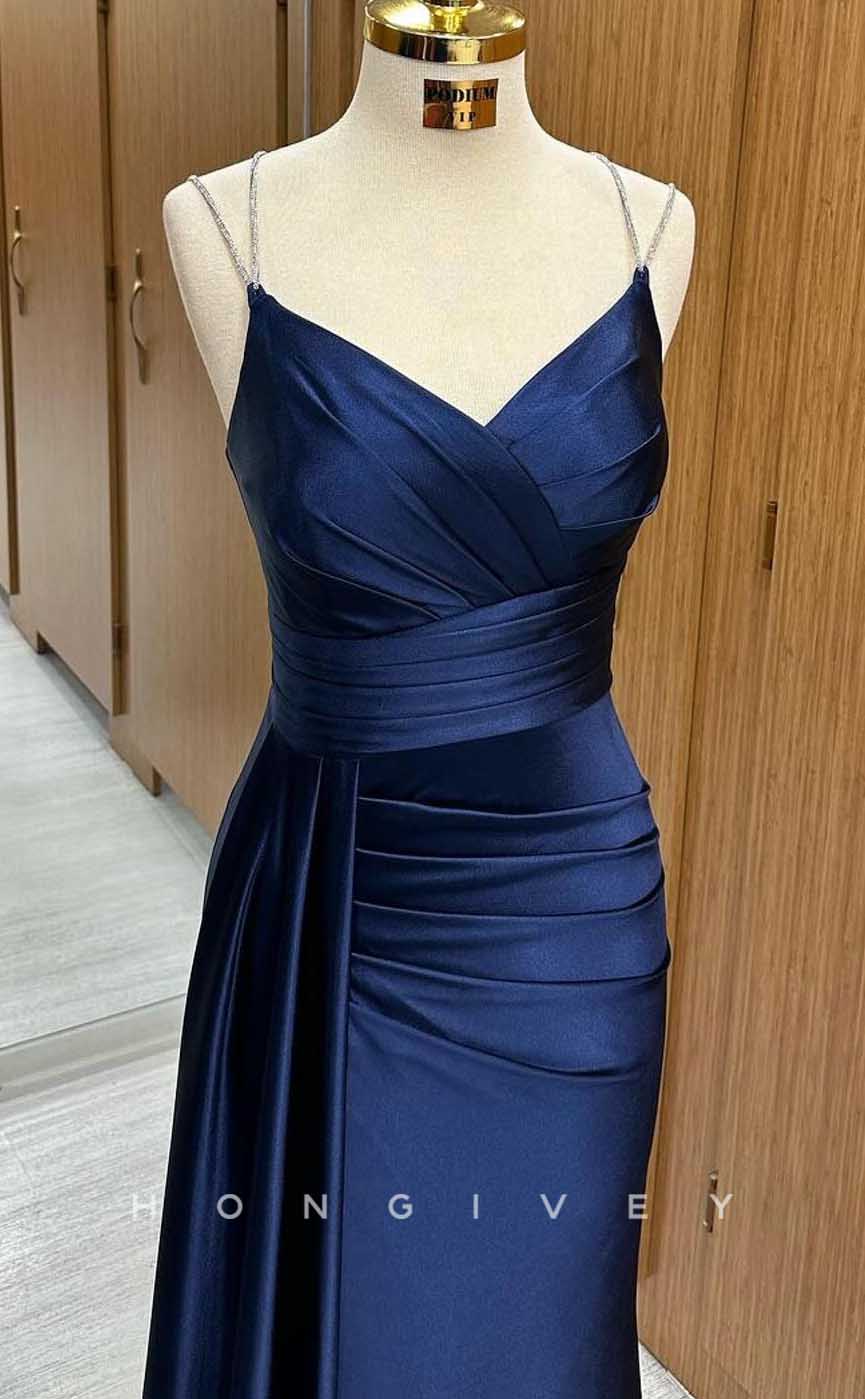 L2877 - V-Neck Spaghetti Straps Ruched With Train Party Prom Evening Dress - Fashionpara
