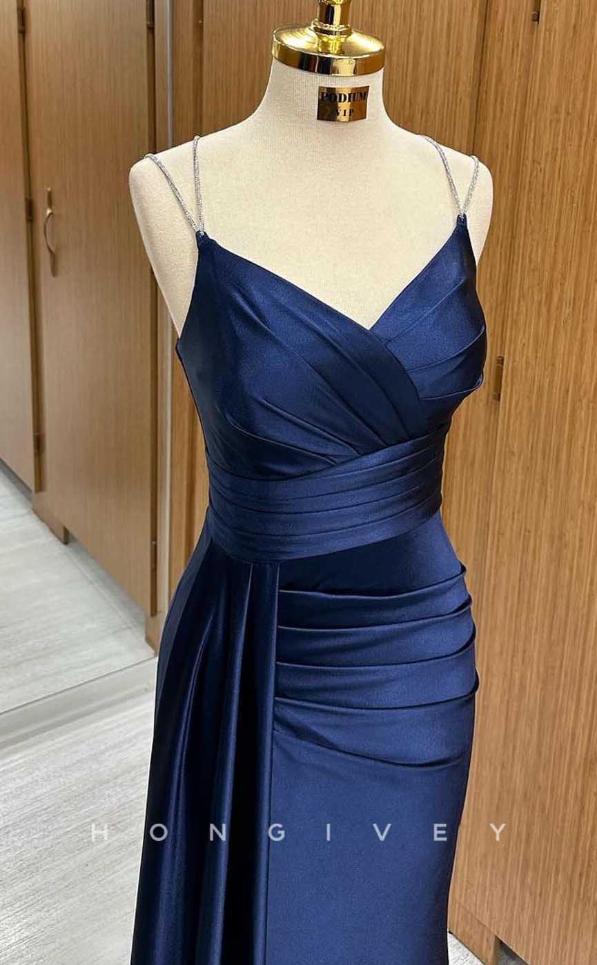 L2877 - V-Neck Spaghetti Straps Ruched With Train Party Prom Evening Dress - Fashionpara