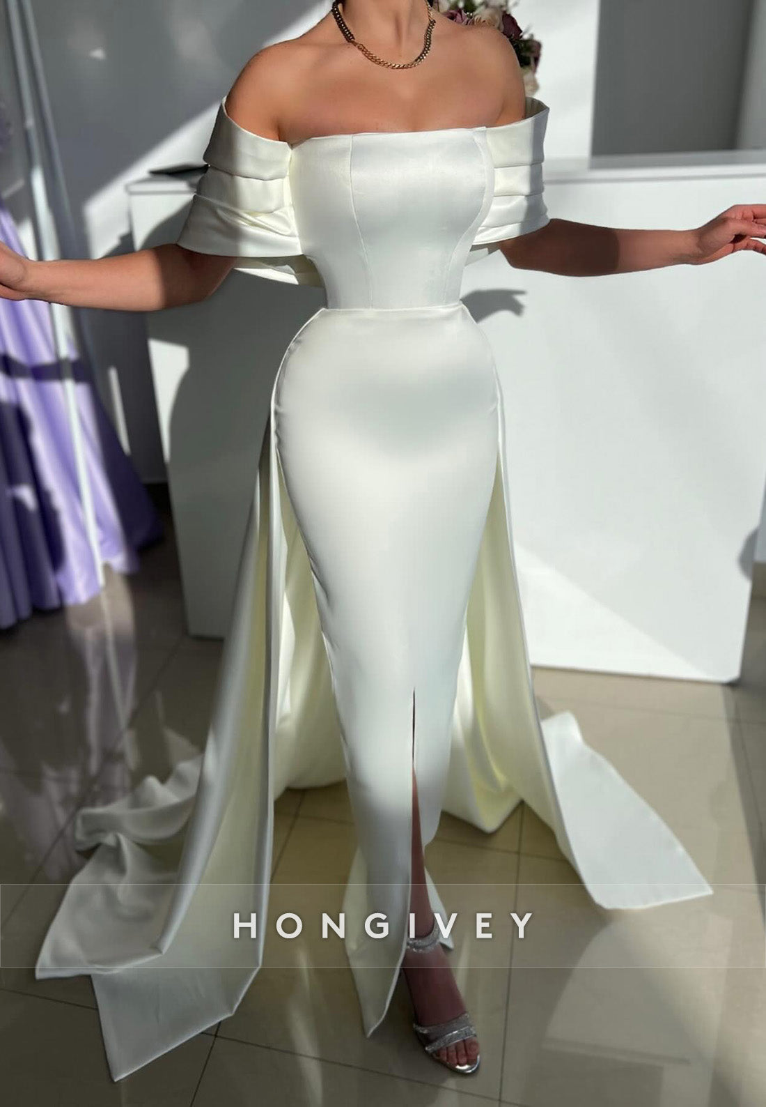 L2981 - Satin Fitted Off-Shoulder With Train Party Prom Evening Dress - Fashionpara