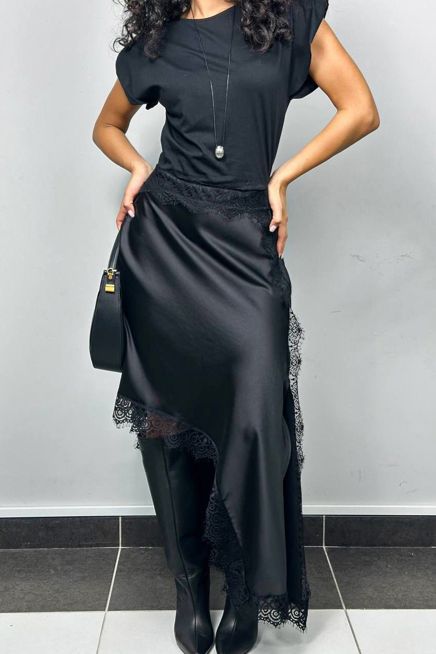 Asymmetric Satin Lace Midi Skirt