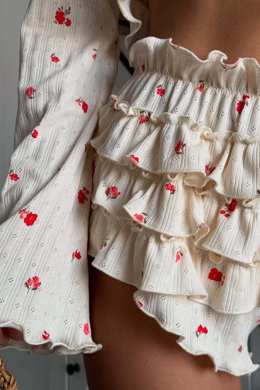 Floral Knitted Short Long Sleeve Shorts Loungewear Two Piece Set