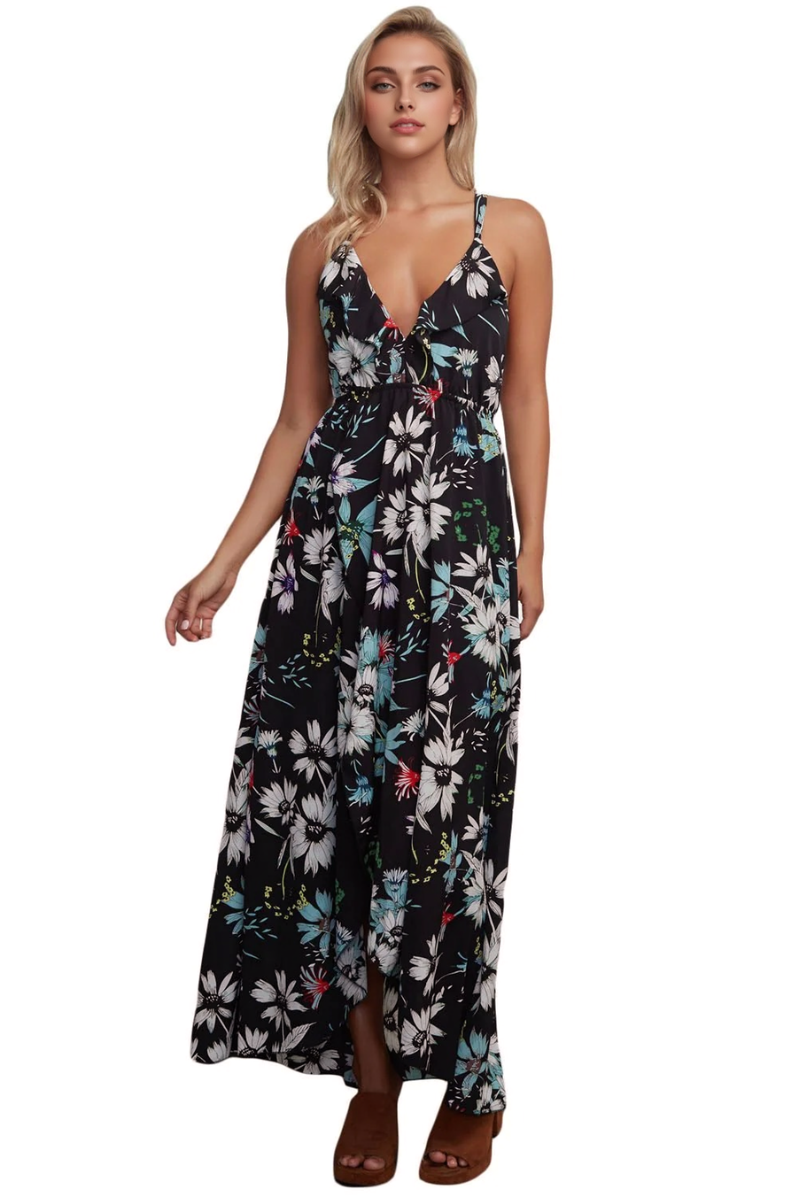 Floral Print Ruffle V-Neck Spaghetti Strap Maxi Dress