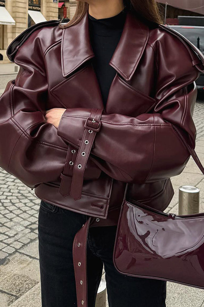 Burgundy Vintage Moto Coat with Classic Design and Style