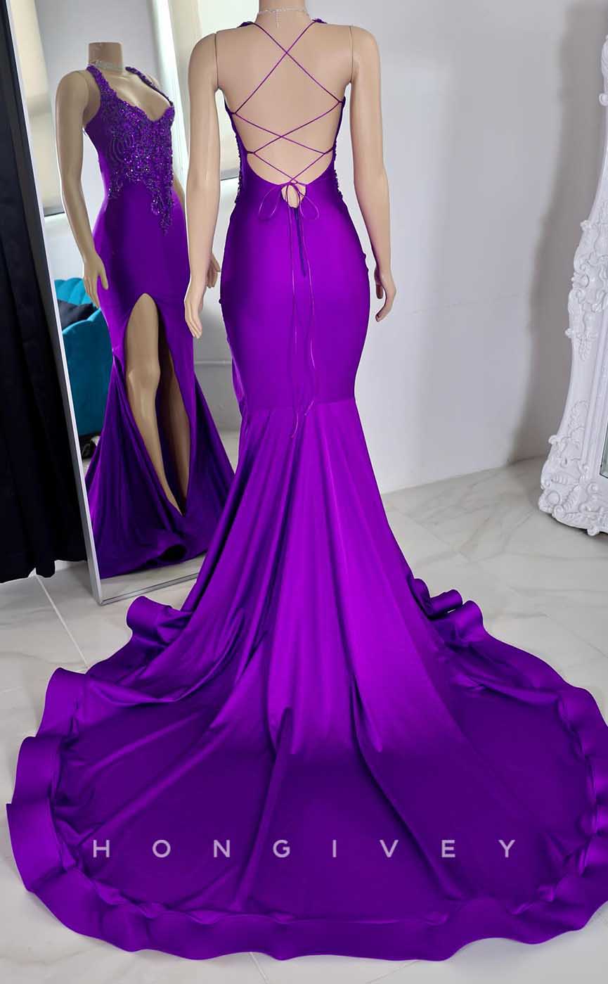 L2874 - Asymmetrical Spaghetti Straps Beaded Appliques With Side Slit Party Prom Evening Dress - Fashionpara