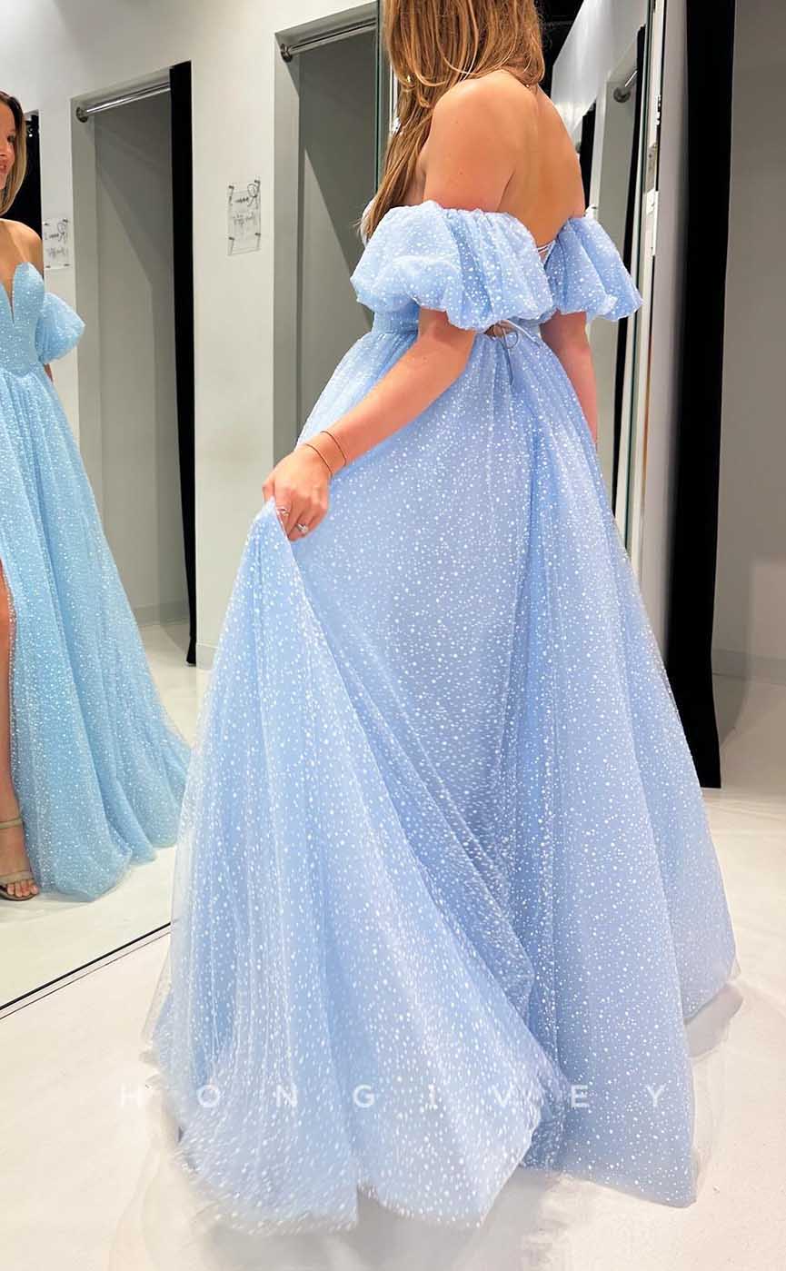 L2878 - A-Line Sweetheart Puff Sleeves With Side Slit Party Prom Evening Dress - Fashionpara