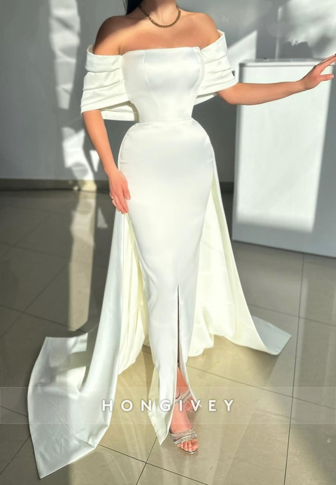 L2981 - Satin Fitted Off-Shoulder With Train Party Prom Evening Dress - Fashionpara
